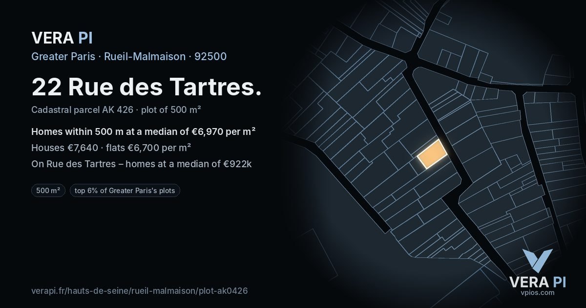 22 Rue des Tartres, Rueil-Malmaison at night – the plot lit, the parcels around coloured by the prices near them