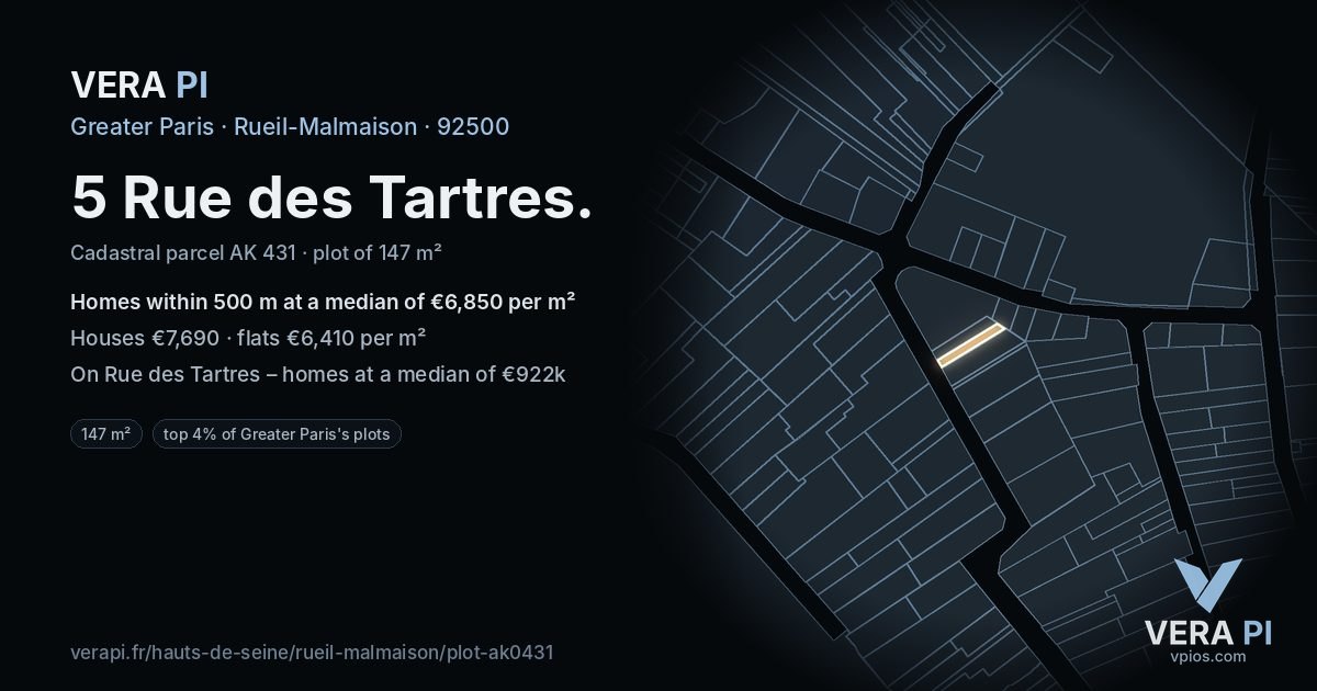 5 Rue des Tartres, Rueil-Malmaison at night – the plot lit, the parcels around coloured by the prices near them