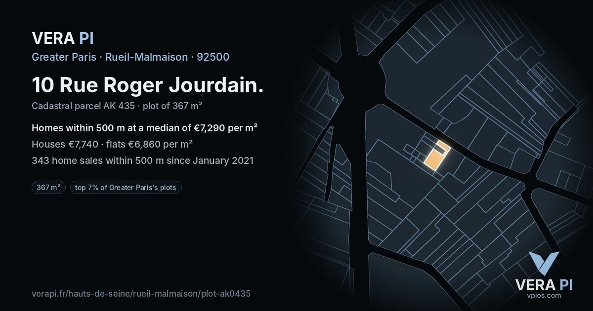 10 Rue Roger Jourdain, Rueil-Malmaison at night – the plot lit, the parcels around coloured by the prices near them