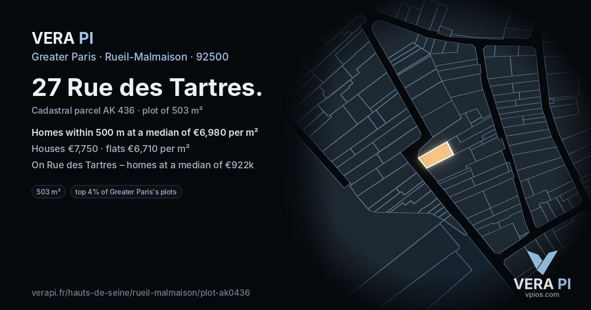 27 Rue des Tartres, Rueil-Malmaison at night – the plot lit, the parcels around coloured by the prices near them