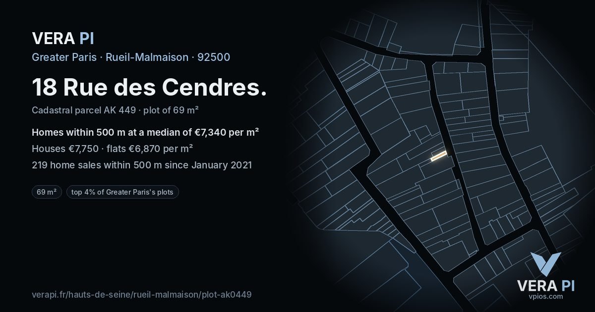 18 Rue des Cendres, Rueil-Malmaison at night – the plot lit, the parcels around coloured by the prices near them