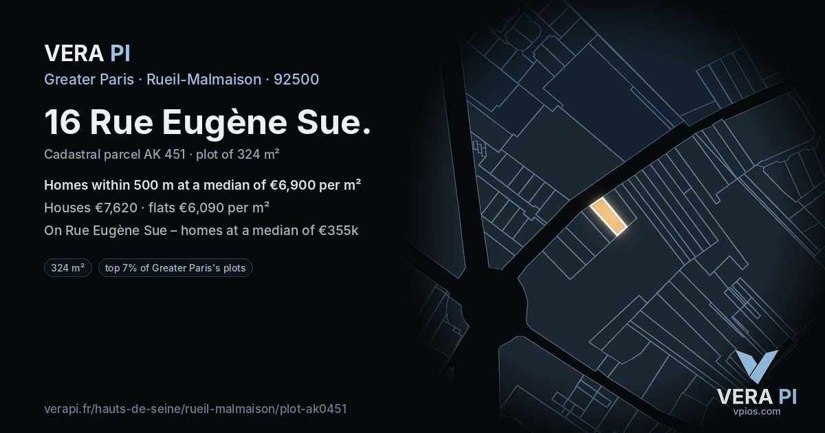 16 Rue Eugène Sue, Rueil-Malmaison at night – the plot lit, the parcels around coloured by the prices near them