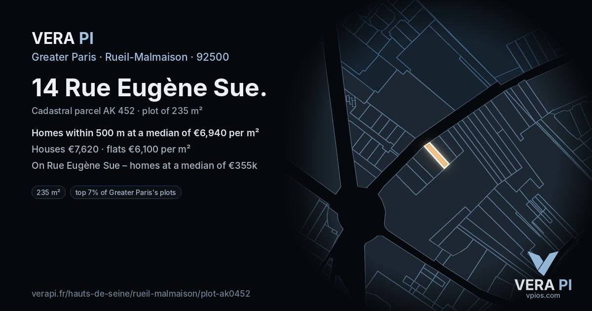 14 Rue Eugène Sue, Rueil-Malmaison at night – the plot lit, the parcels around coloured by the prices near them