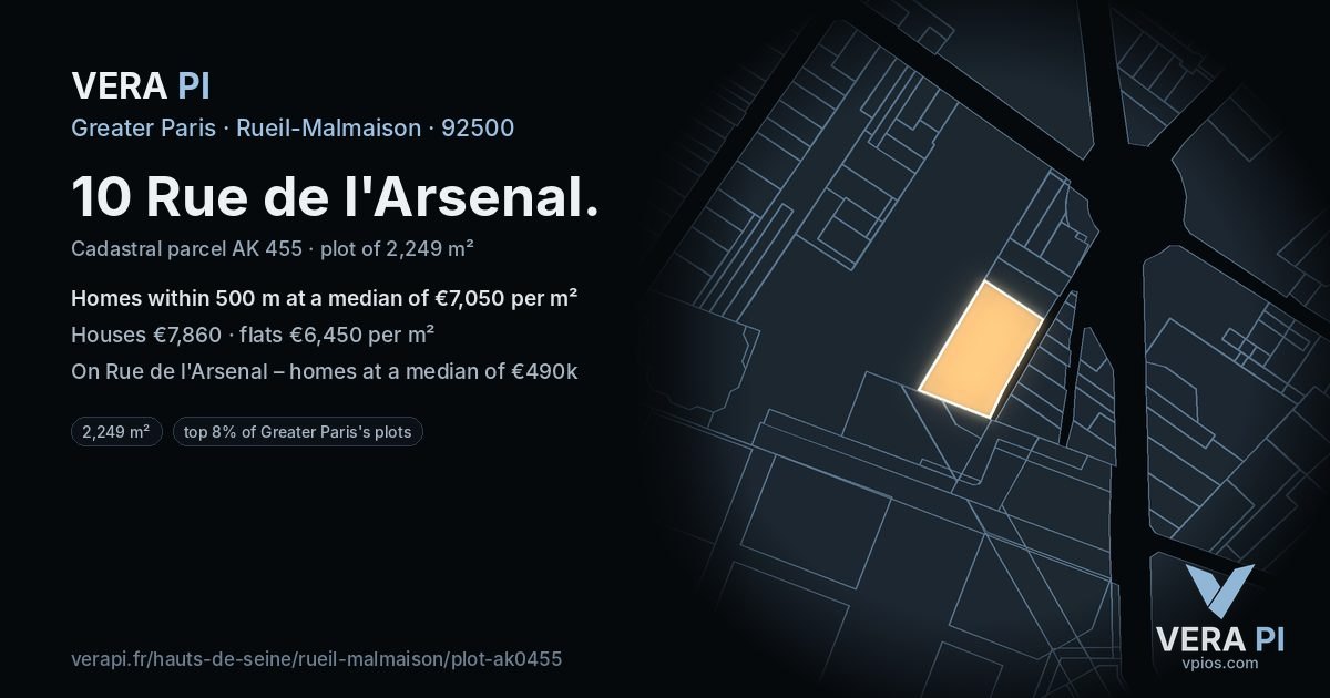 10 Rue de l'Arsenal, Rueil-Malmaison at night – the plot lit, the parcels around coloured by the prices near them