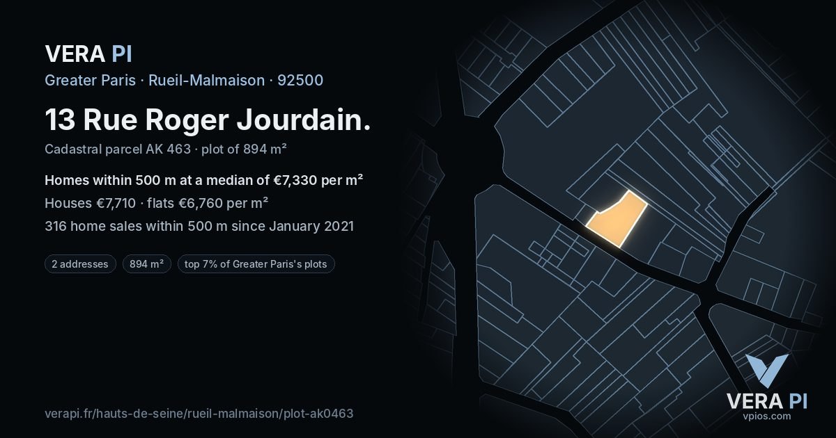 13 Rue Roger Jourdain, Rueil-Malmaison at night – the plot lit, the parcels around coloured by the prices near them