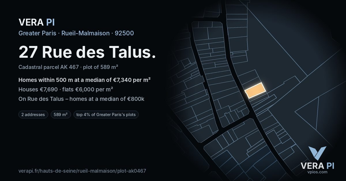 27 Rue des Talus, Rueil-Malmaison at night – the plot lit, the parcels around coloured by the prices near them