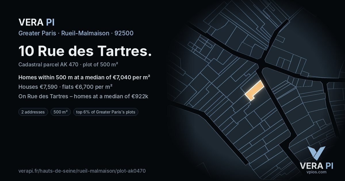 10 Rue des Tartres, Rueil-Malmaison at night – the plot lit, the parcels around coloured by the prices near them