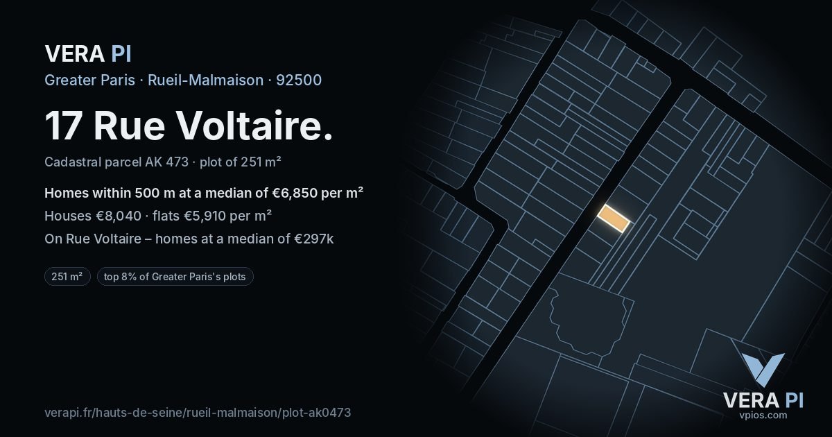 17 Rue Voltaire, Rueil-Malmaison at night – the plot lit, the parcels around coloured by the prices near them