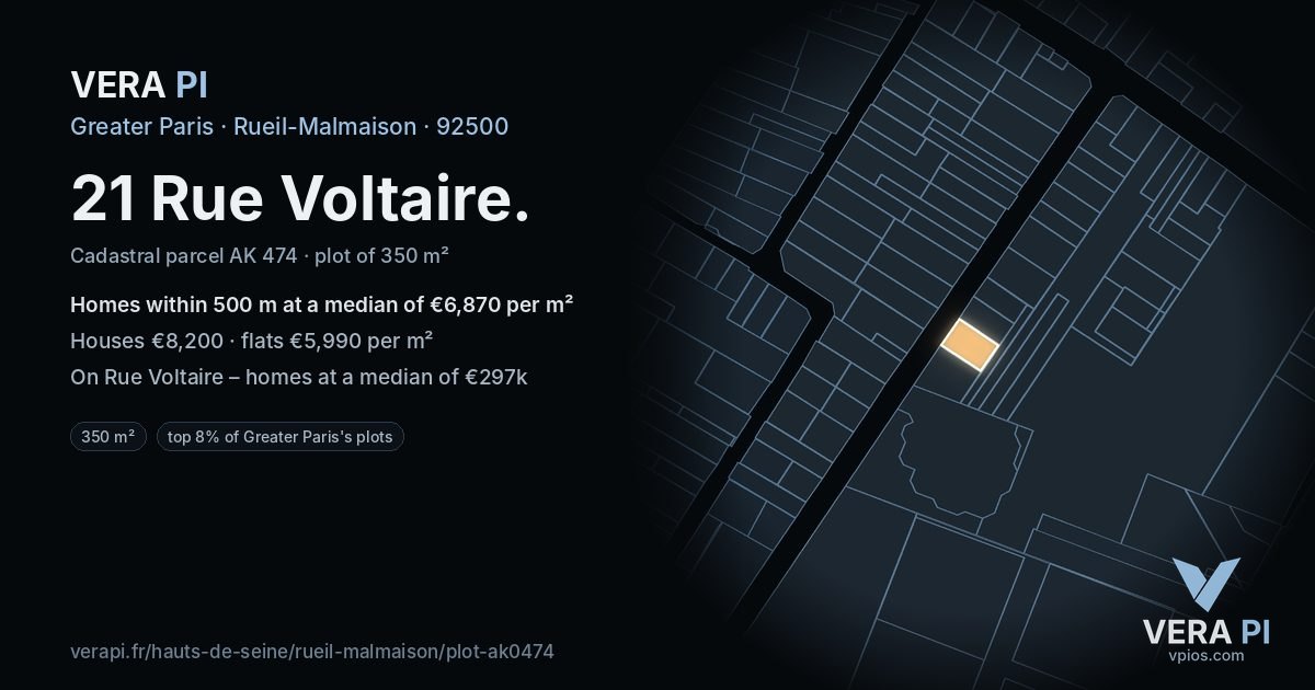 21 Rue Voltaire, Rueil-Malmaison at night – the plot lit, the parcels around coloured by the prices near them