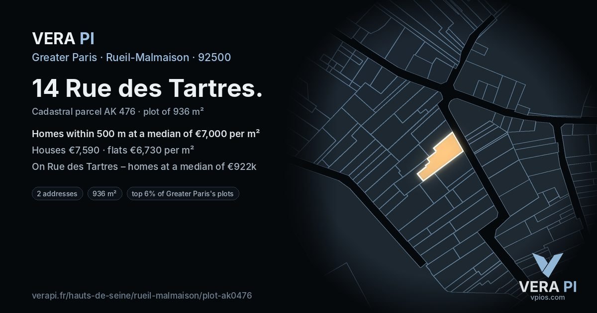 14 Rue des Tartres, Rueil-Malmaison at night – the plot lit, the parcels around coloured by the prices near them