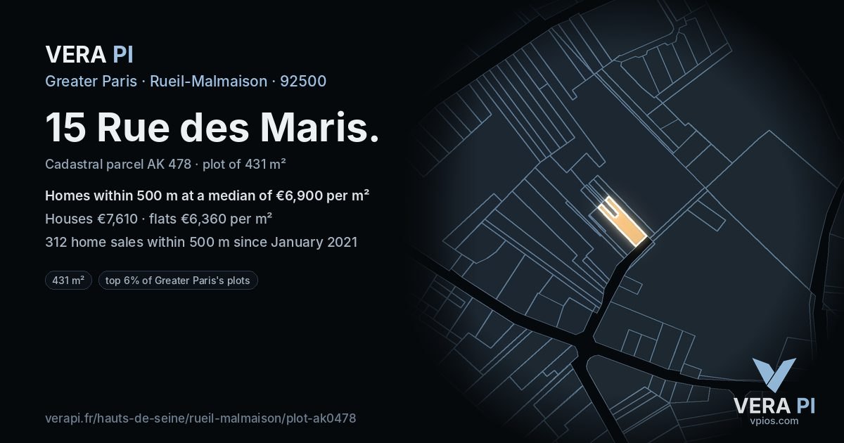 15 Rue des Maris, Rueil-Malmaison at night – the plot lit, the parcels around coloured by the prices near them