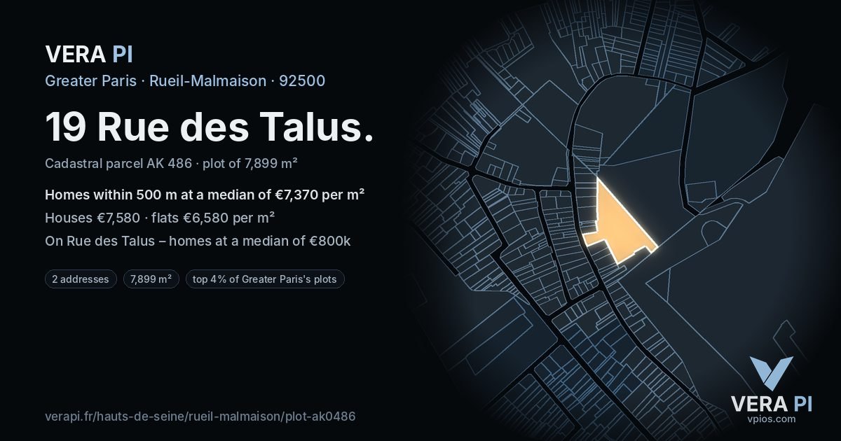 19 Rue des Talus, Rueil-Malmaison at night – the plot lit, the parcels around coloured by the prices near them