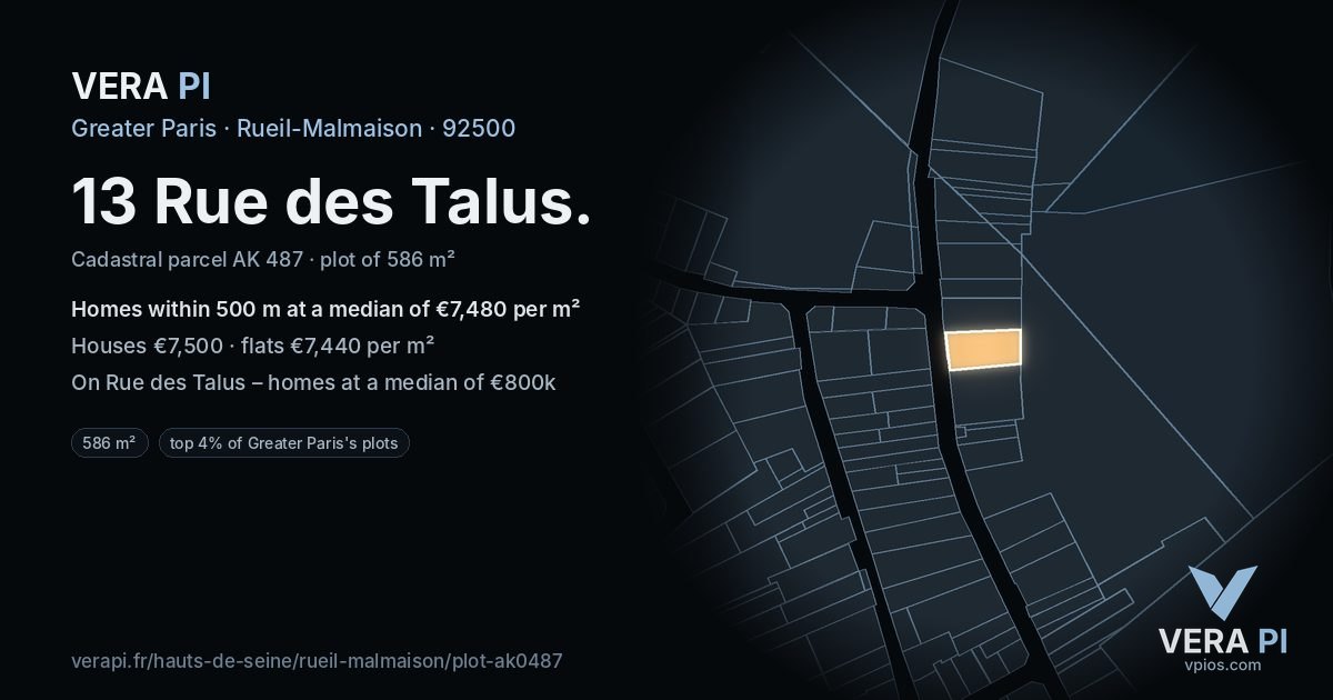 13 Rue des Talus, Rueil-Malmaison at night – the plot lit, the parcels around coloured by the prices near them