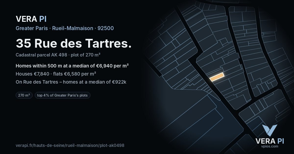 35 Rue des Tartres, Rueil-Malmaison at night – the plot lit, the parcels around coloured by the prices near them
