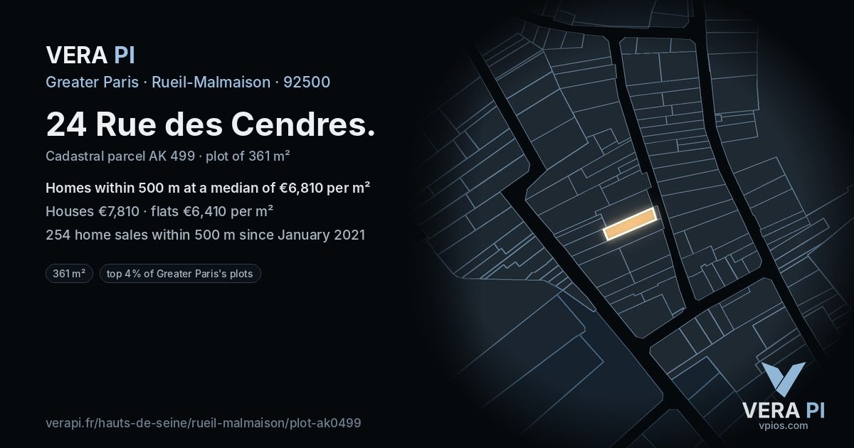 24 Rue des Cendres, Rueil-Malmaison at night – the plot lit, the parcels around coloured by the prices near them