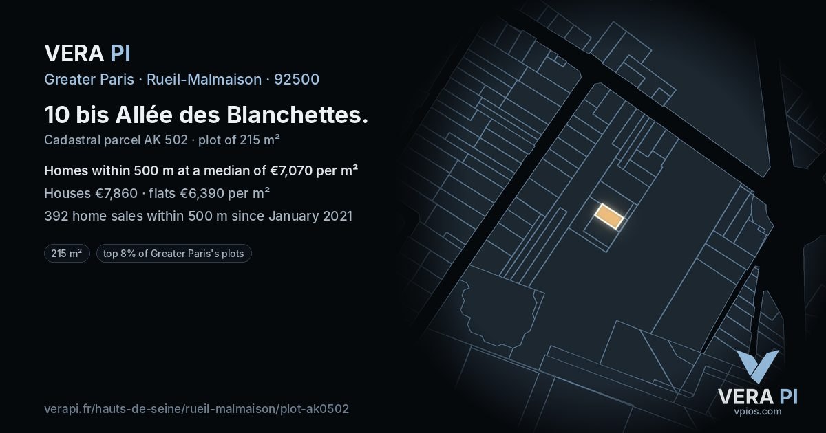 10 bis Allée des Blanchettes, Rueil-Malmaison at night – the plot lit, the parcels around coloured by the prices near them