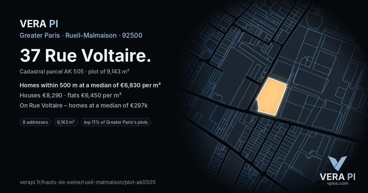 37 Rue Voltaire, Rueil-Malmaison at night – the plot lit, the parcels around coloured by the prices near them