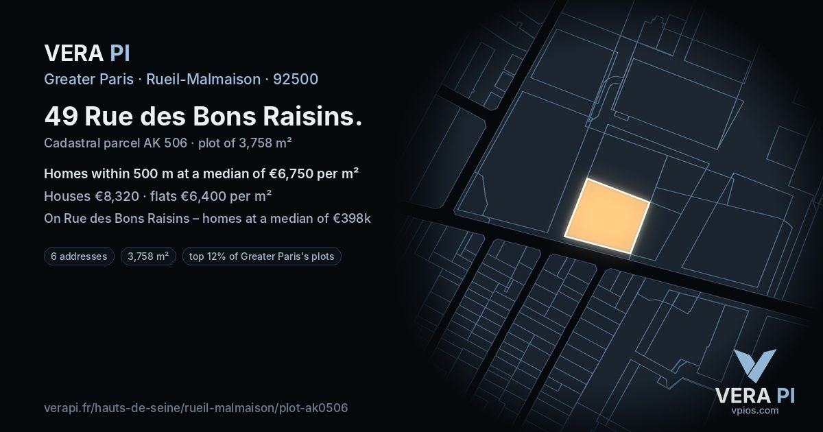 49 Rue des Bons Raisins, Rueil-Malmaison at night – the plot lit, the parcels around coloured by the prices near them