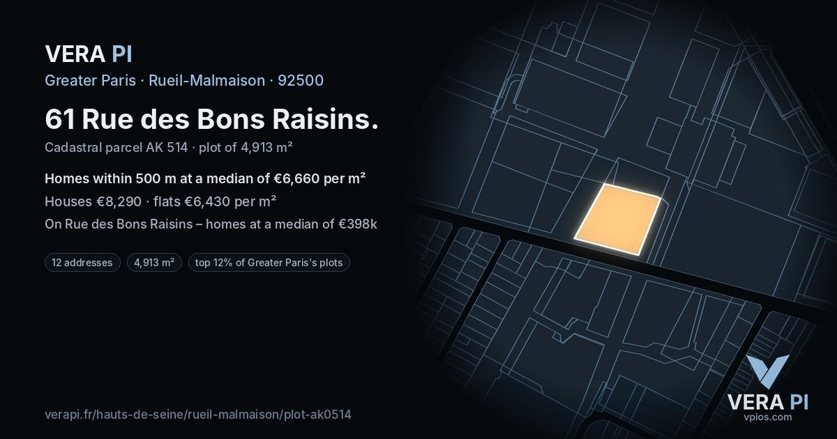 61 Rue des Bons Raisins, Rueil-Malmaison at night – the plot lit, the parcels around coloured by the prices near them