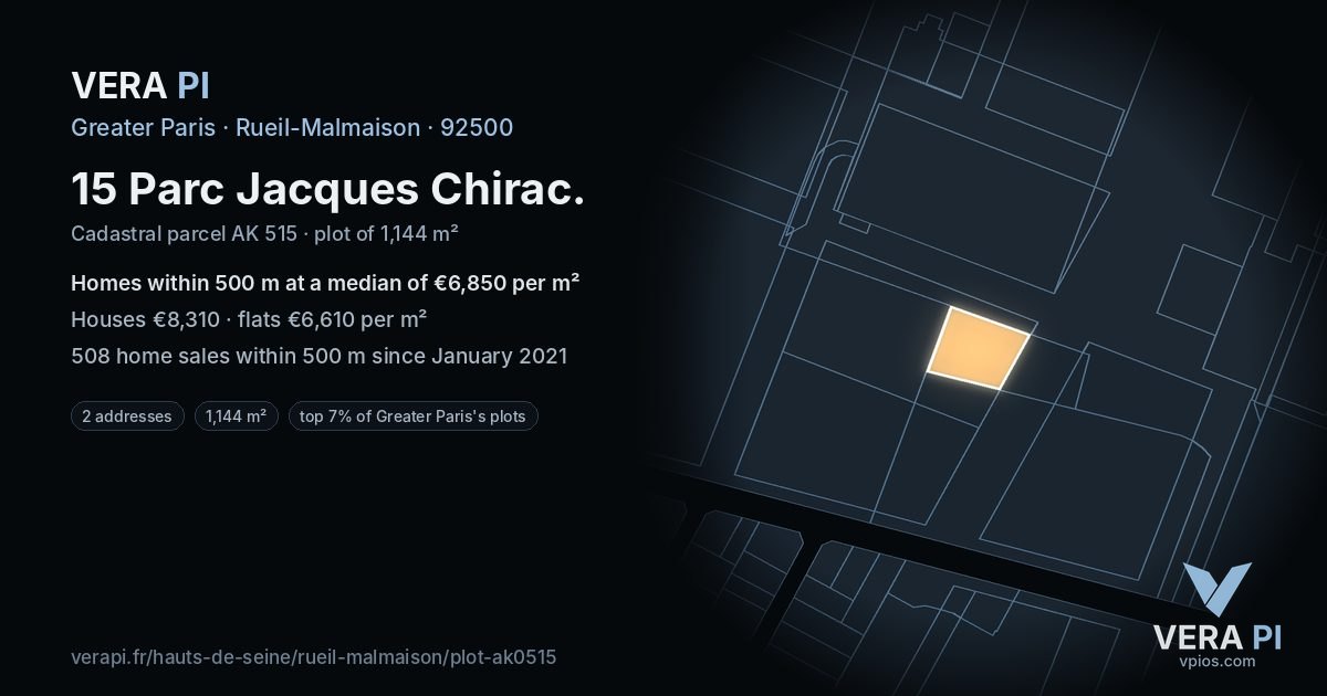 15 Parc Jacques Chirac, Rueil-Malmaison at night – the plot lit, the parcels around coloured by the prices near them