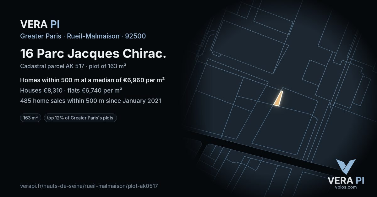 16 Parc Jacques Chirac, Rueil-Malmaison at night – the plot lit, the parcels around coloured by the prices near them