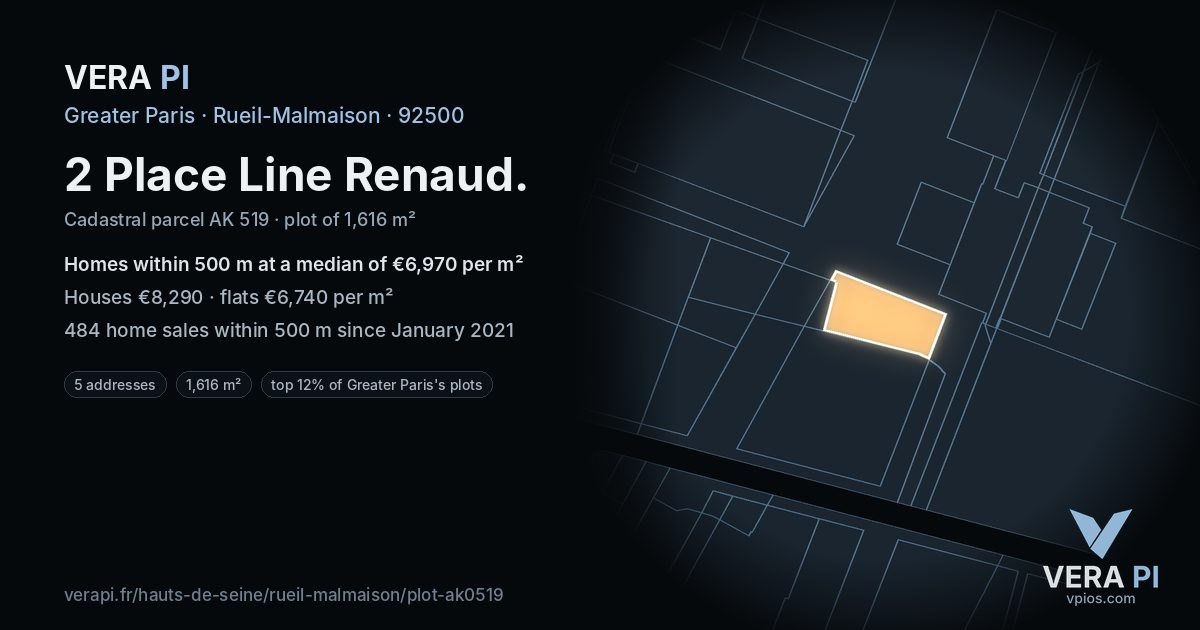 2 Place Line Renaud, Rueil-Malmaison at night – the plot lit, the parcels around coloured by the prices near them