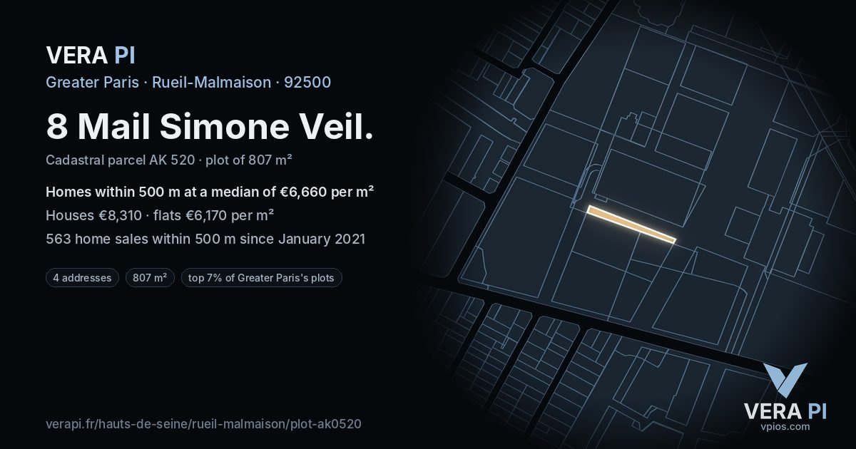 8 Mail Simone Veil, Rueil-Malmaison at night – the plot lit, the parcels around coloured by the prices near them