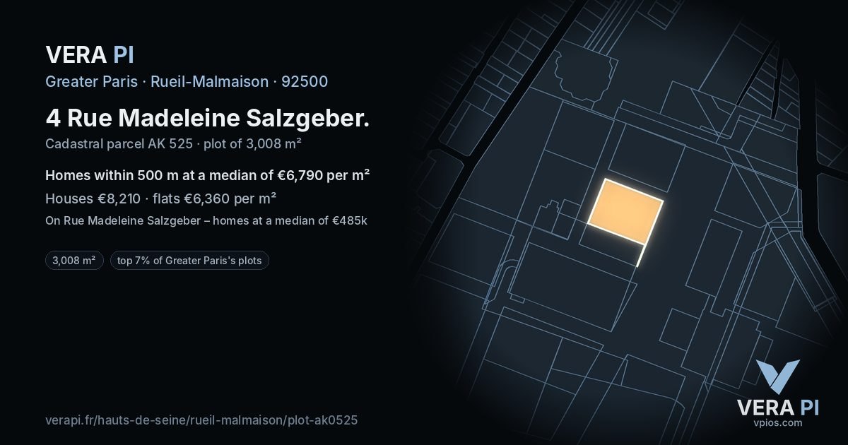4 Rue Madeleine Salzgeber, Rueil-Malmaison at night – the plot lit, the parcels around coloured by the prices near them