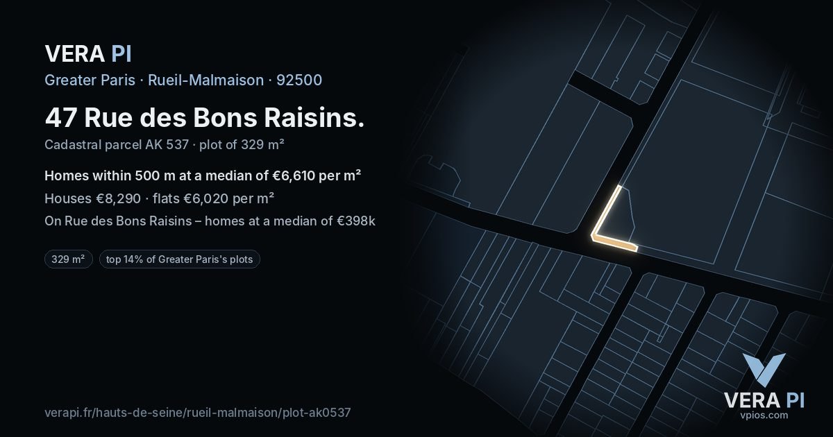 47 Rue des Bons Raisins, Rueil-Malmaison at night – the plot lit, the parcels around coloured by the prices near them