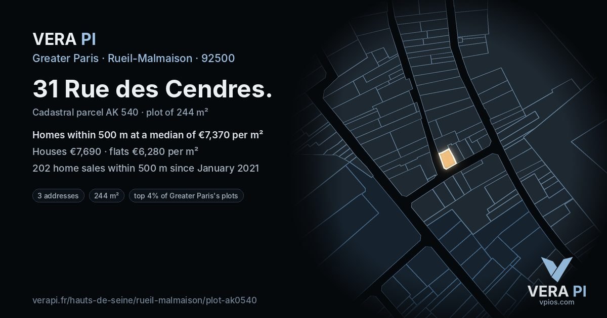 31 Rue des Cendres, Rueil-Malmaison at night – the plot lit, the parcels around coloured by the prices near them