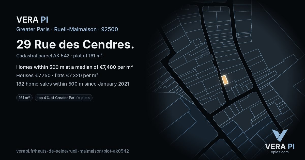 29 Rue des Cendres, Rueil-Malmaison at night – the plot lit, the parcels around coloured by the prices near them