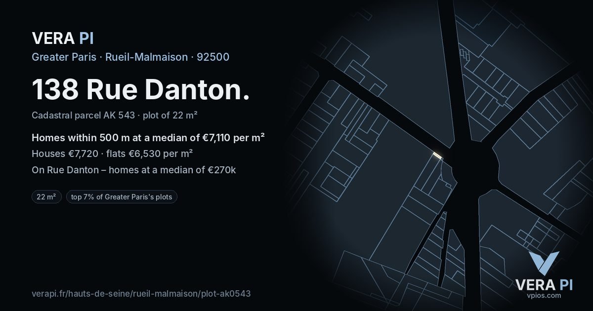 138 Rue Danton, Rueil-Malmaison at night – the plot lit, the parcels around coloured by the prices near them