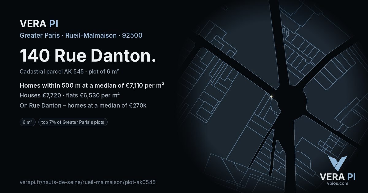 140 Rue Danton, Rueil-Malmaison at night – the plot lit, the parcels around coloured by the prices near them