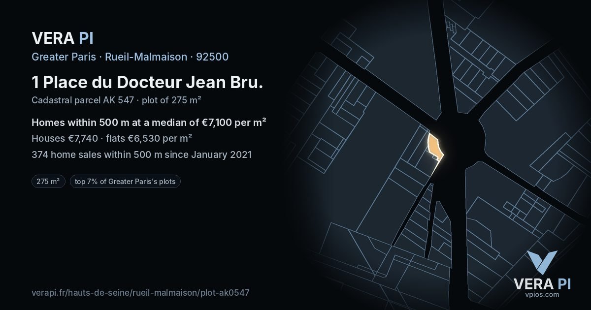 1 Place du Docteur Jean Bru, Rueil-Malmaison at night – the plot lit, the parcels around coloured by the prices near them
