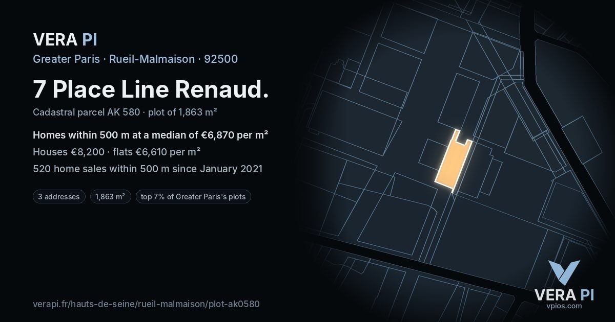 7 Place Line Renaud, Rueil-Malmaison at night – the plot lit, the parcels around coloured by the prices near them