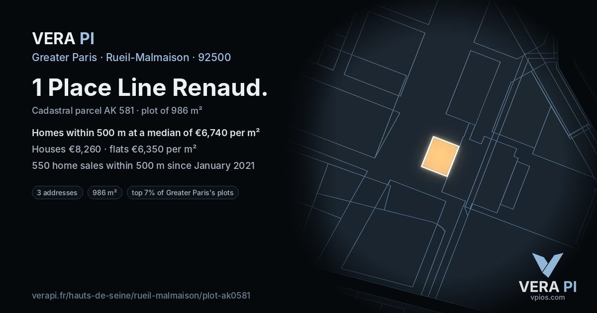 1 Place Line Renaud, Rueil-Malmaison at night – the plot lit, the parcels around coloured by the prices near them