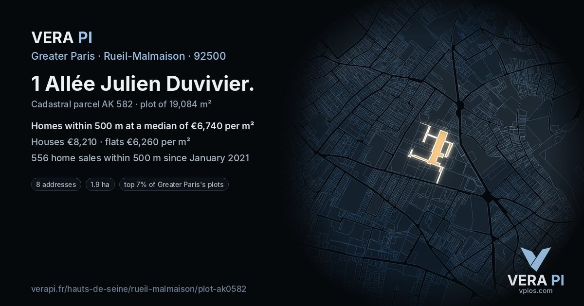 1 Allée Julien Duvivier, Rueil-Malmaison at night – the plot lit, the parcels around coloured by the prices near them