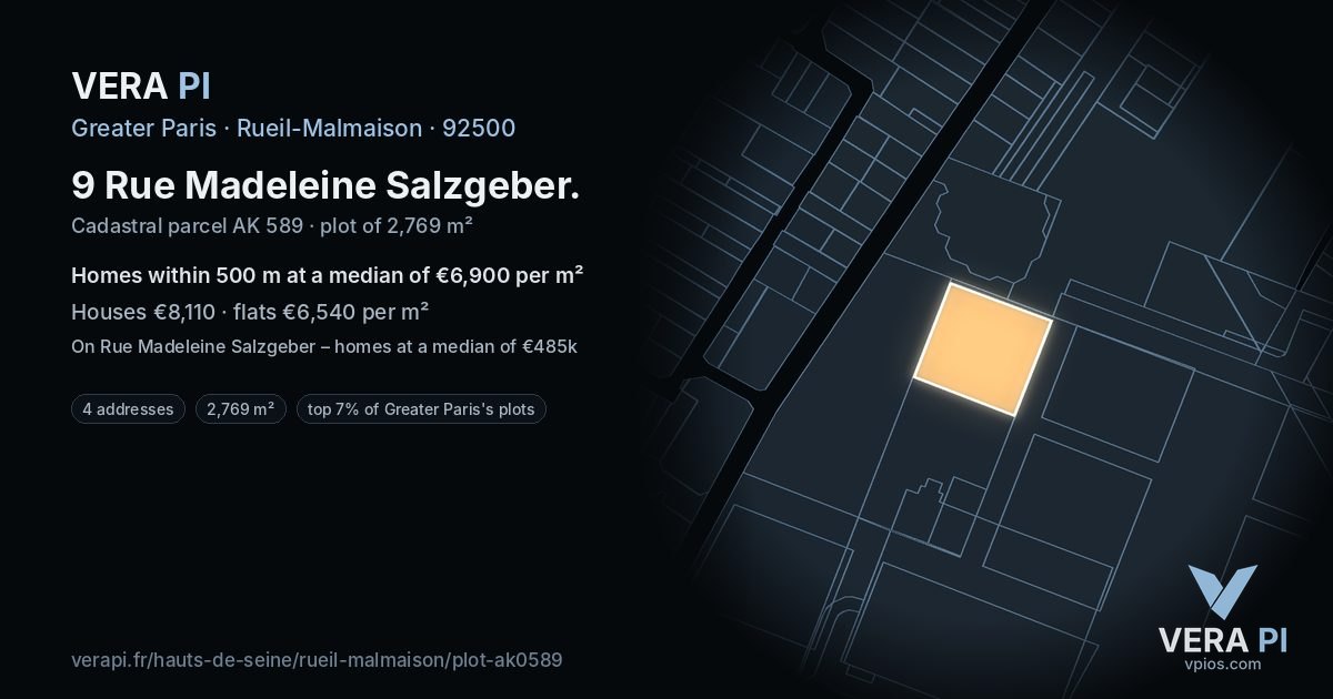 9 Rue Madeleine Salzgeber, Rueil-Malmaison at night – the plot lit, the parcels around coloured by the prices near them