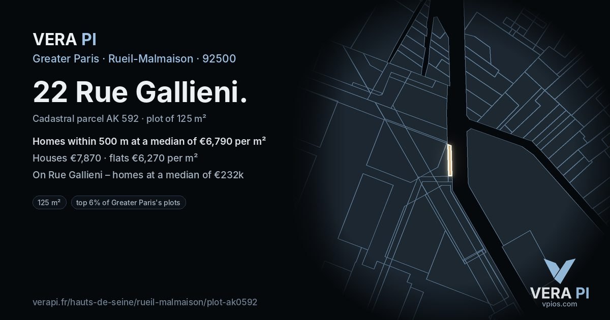 22 Rue Gallieni, Rueil-Malmaison at night – the plot lit, the parcels around coloured by the prices near them