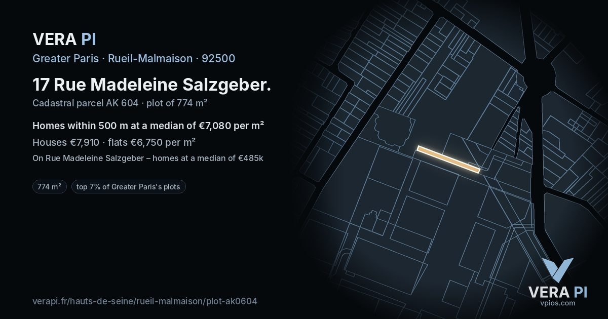 17 Rue Madeleine Salzgeber, Rueil-Malmaison at night – the plot lit, the parcels around coloured by the prices near them