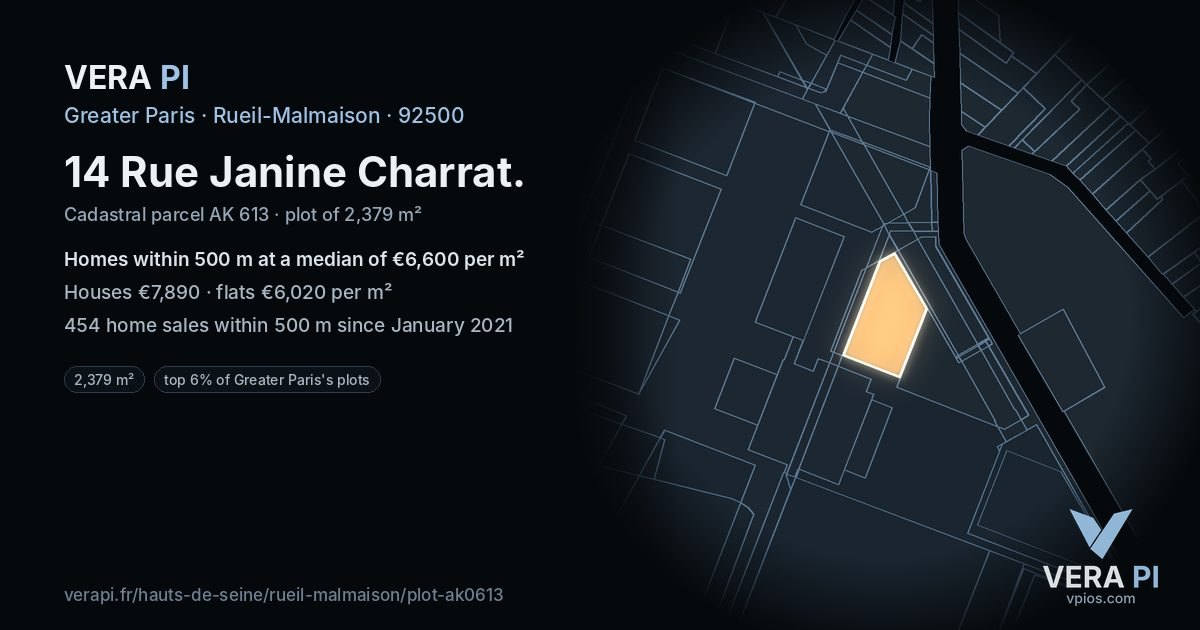 14 Rue Janine Charrat, Rueil-Malmaison at night – the plot lit, the parcels around coloured by the prices near them