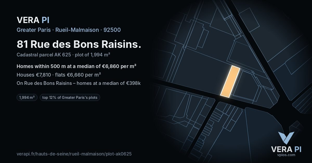 81 Rue des Bons Raisins, Rueil-Malmaison at night – the plot lit, the parcels around coloured by the prices near them