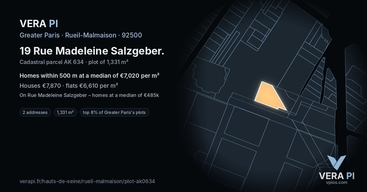 19 Rue Madeleine Salzgeber, Rueil-Malmaison at night – the plot lit, the parcels around coloured by the prices near them