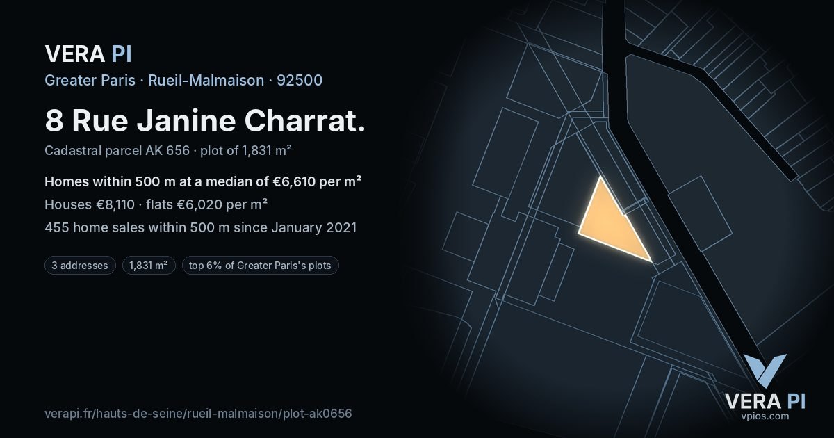 8 Rue Janine Charrat, Rueil-Malmaison at night – the plot lit, the parcels around coloured by the prices near them