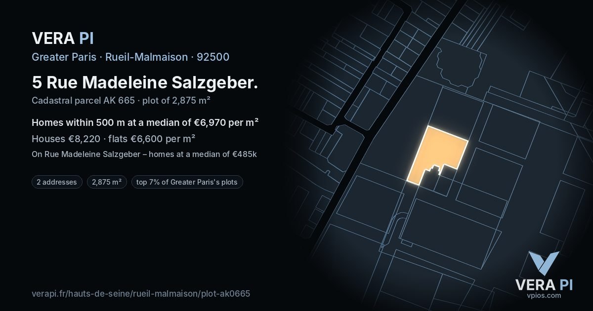 5 Rue Madeleine Salzgeber, Rueil-Malmaison at night – the plot lit, the parcels around coloured by the prices near them