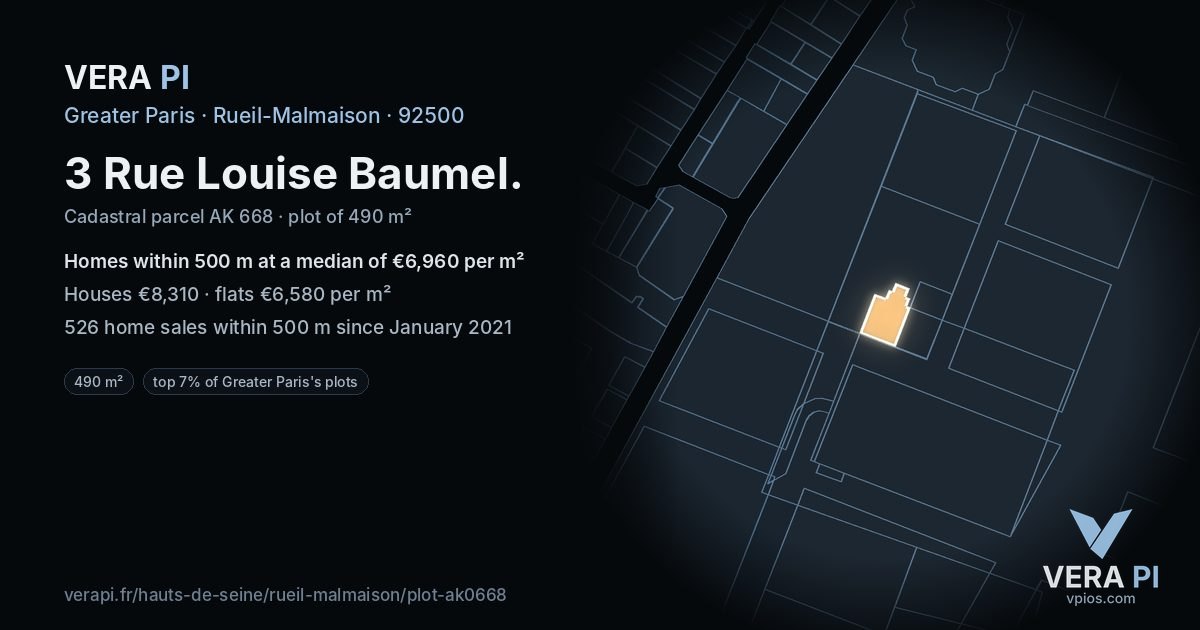 3 Rue Louise Baumel, Rueil-Malmaison at night – the plot lit, the parcels around coloured by the prices near them