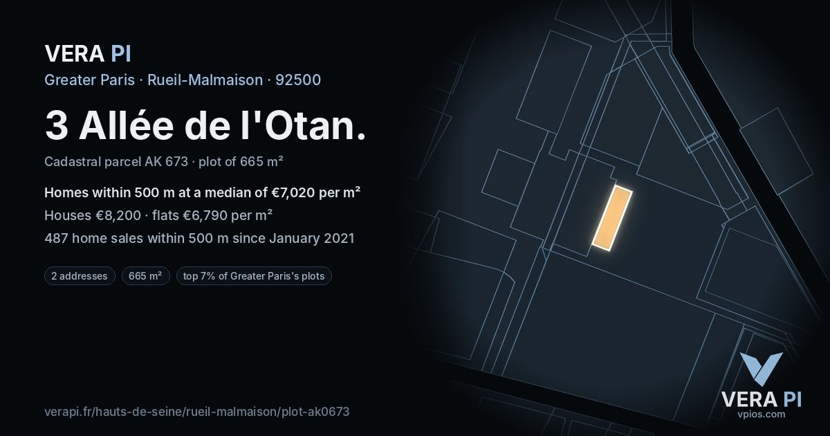 3 Allée de l'Otan, Rueil-Malmaison at night – the plot lit, the parcels around coloured by the prices near them