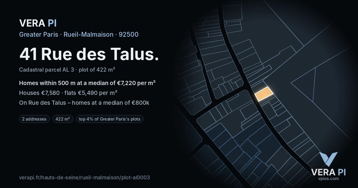 41 Rue des Talus, Rueil-Malmaison at night – the plot lit, the parcels around coloured by the prices near them