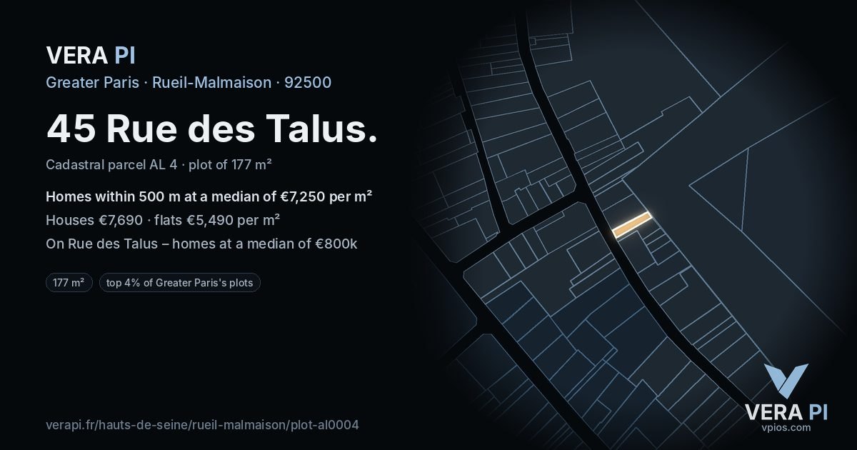 45 Rue des Talus, Rueil-Malmaison at night – the plot lit, the parcels around coloured by the prices near them