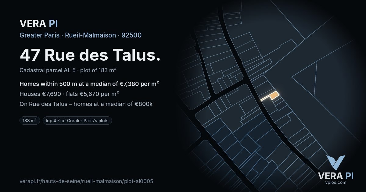 47 Rue des Talus, Rueil-Malmaison at night – the plot lit, the parcels around coloured by the prices near them